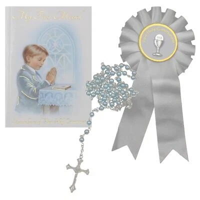 First Holy Communion Gift Set Boy Missal Book, Rosary and Rosette C5202