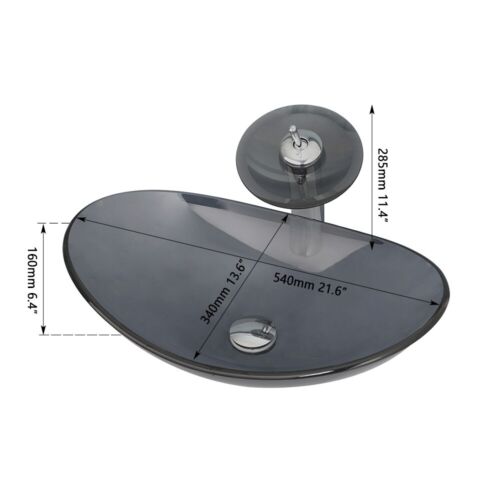 Bathroom Oval Vessel Sink Tempered Glass Basin Waterfall Mixer Deck Mounted Tap - Picture 2 of 8