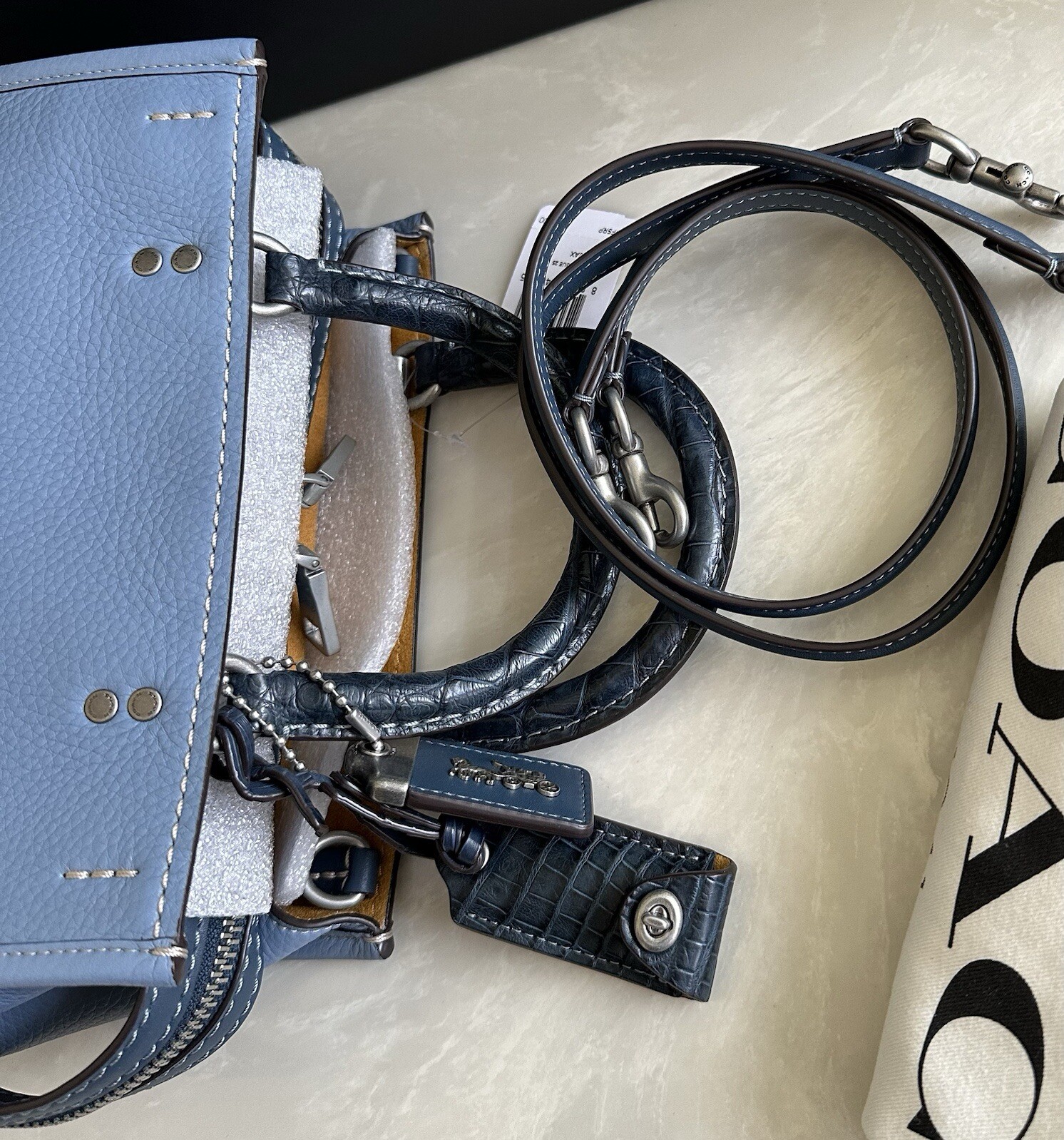 NWT COACH MTO CORNFLOWER BLUE COLORBLOCK LEATHER CROCODILE ROGUE 59995 image 9