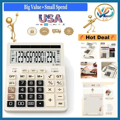 Desktop Calculator 14-Digit LCD Solar Power Large Office Calculator White