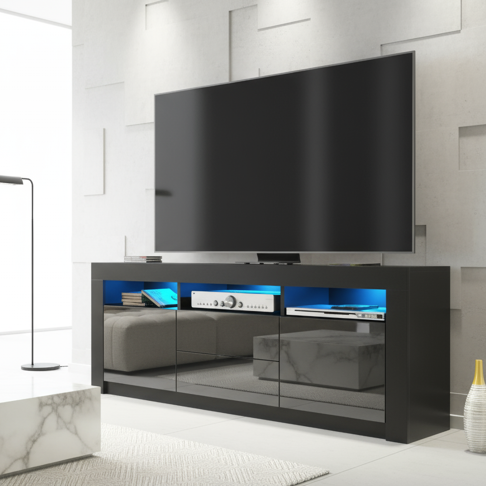 TV Unit TV Stand Sideboard Cabinet Black Gloss LED Shelves Modern Storage 160cm