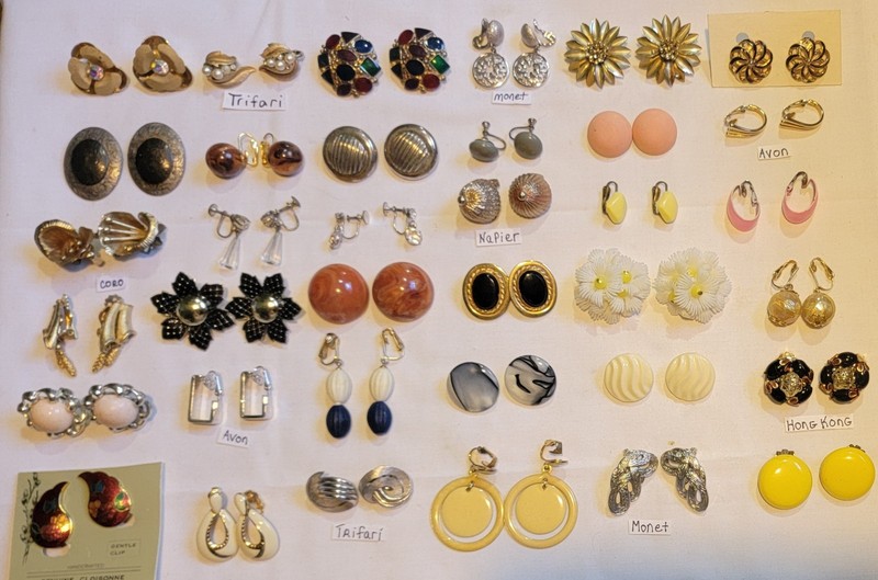Large Lot of Vintage Clip On Earrings 36 Pairs Some Signed! Trifari, Avon, Monet