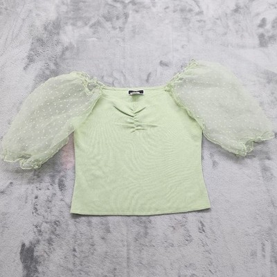 Vivid Top Womens L Green Sheer Swiss Dot Puff Sleeves Crop Stretch Whimsycore