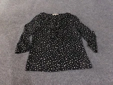 LOFT Blouse Womens Small Black White Print Ruffle 3/4 Sleeve Lightweight Top