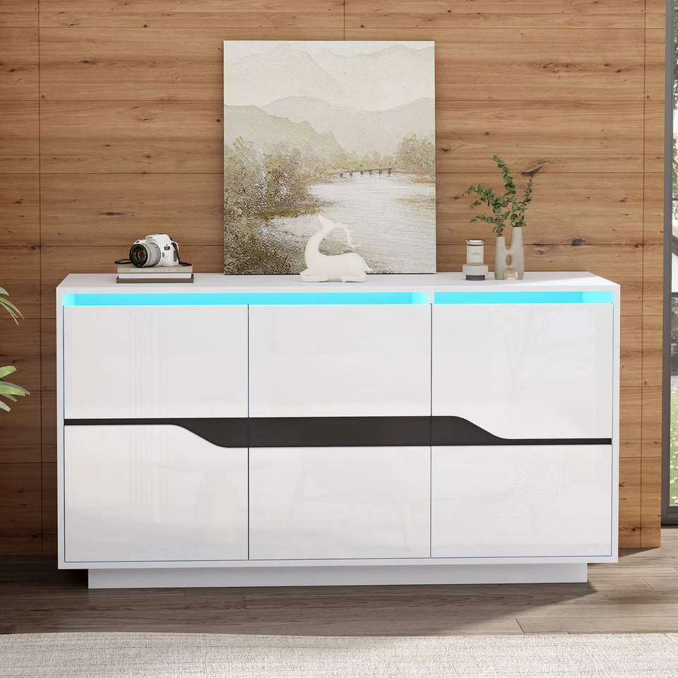 Moderner Sideboard Kommode Anrichte Schrank mit LED Beleuchtung Weiß Hochglanz - Bild 2 von 4