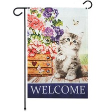 G128 Welcome Kitten Flowers Garden Flag 12x18 In Spring Lawn Decoration