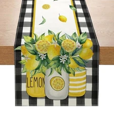 Buffalo Plaid Table Runner 13x72 Inch Yellow Summer 13"W x 72"L Lemon Vase