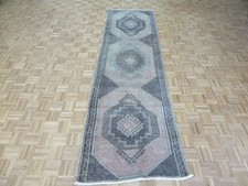 3'5 x 12'1 Runner Hand Knotted Washed Out Vintage Oushak Oriental Rug G7545