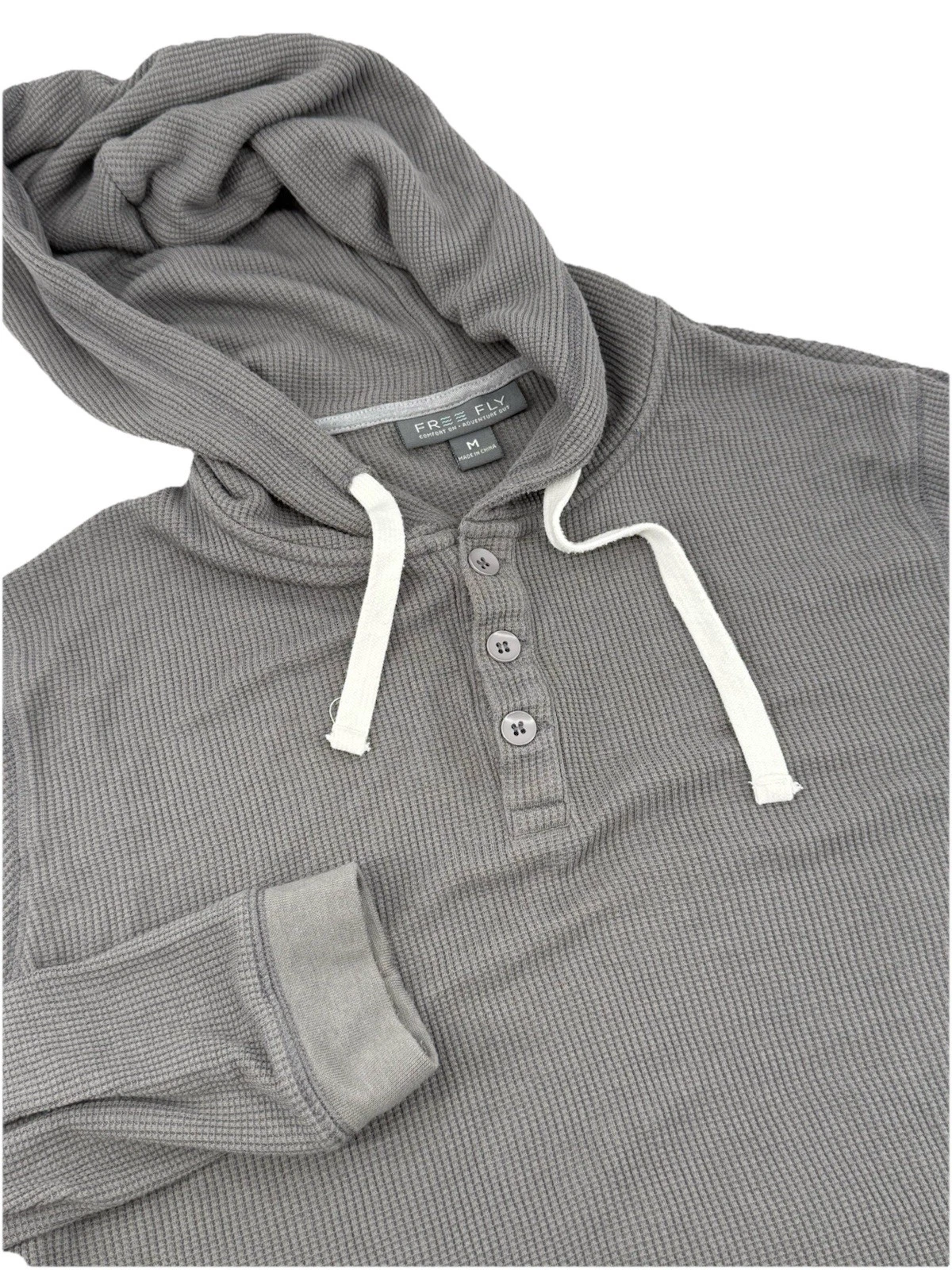 Free Fly Mens Medium Waffle Knit Thermal Hoodie Gray Drawstring
