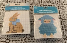 2 Plastic Canvas Cross Stitch Easter Themed Kits 6 Inch Rabbit Lamb Age 6 Up NWT
