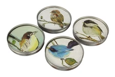 Backyard Song Birds Mason Jar Lid Shape Drink Coasters Set of 4 Wood and Metal