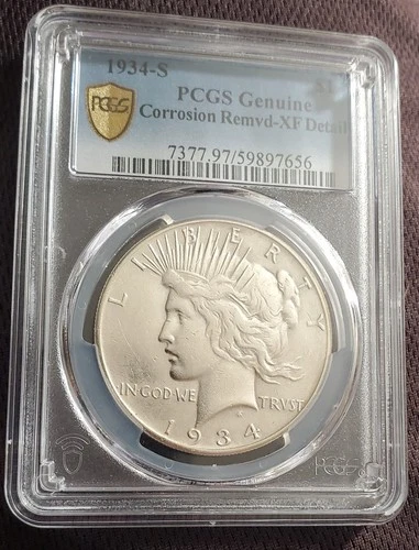 1934 S Silver Peace Dollar PCGS Gold Label XF Details Corrosion Removed