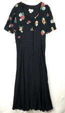 CRYSTAL Womens Black Maxi Dress M Floral Crape 90s Vintage Cottage Core Prairie