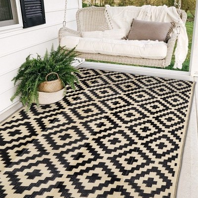 SAND MINE Waterproof Outdoor Rug 5x8 ft, Plastic 5'x 8', Black & Beige