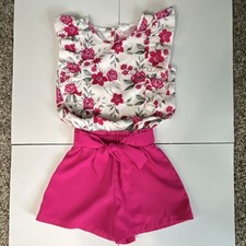 SHEIN Girls Floral Sleeveless Top  Pink Shorts Set Bow Ruffle Size 5Y