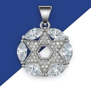 Authentic Marquise Lab Created Diamond Star of David Magen Pendant 14K White Gold Plated