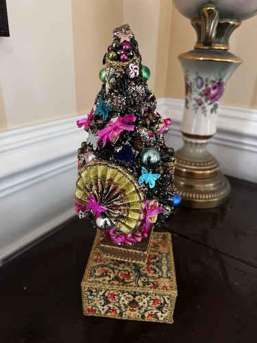 Vtg Italian Florentine Paper Bottle Brush tree rotating music box Silent Night - Picture 4 of 19