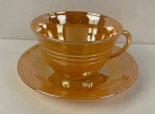 Vintage Fire King Tea Cup & Saucer Peach Luster Anchor Hocking Lines Pattern