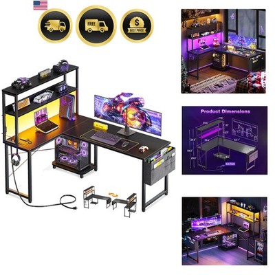 L Shaped Gaming Desk with LED Lighting Computer Workstation with Storage Shelves