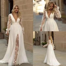 Boho Wedding Dresses Deep V Neck Illusion Long Sleeve Lace Beach Bridal Gowns