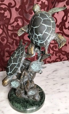  Solid Brass Nautical Sea Turtle Duet w/ Fish Handmade Sculpture Marble Base SPi