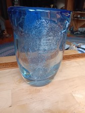 Blue Heavy Blown Art Glass Vase With Bubbles. 572
