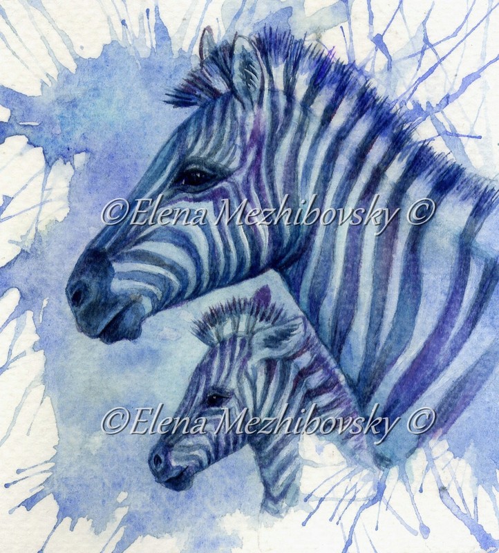 Original Watercolor Splash Art 3,7" x 3,9"  Zebra by Elena Mezhibovsky