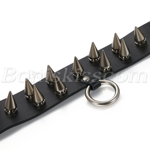 Men's Womens Punk Gothic Black Leather Choker Spike Rivet O Ring Collar Necklace - Picture 2 of 5