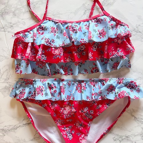 Wallflower Juniors Girls Floral Ruffle Swimsuit Bikini Set Size 16 Red Blue