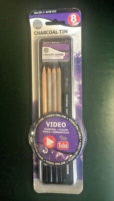 CHARCOAL 8 piece Daler Rowney Simply Tin Set Pencils Eraser