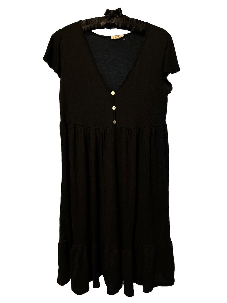 See you Monday Summer Dress Womens L Baby Doll Tiered Black V-neck