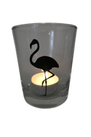 "Deko Teelicht Glas Windlicht Print \"Flamingo\" Schwarz Glitzer Handmade"