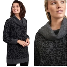 Anthropologie Emmy Cowl Neck Tunic Sweater Long Sleeve Cheetah Gray Black Size S