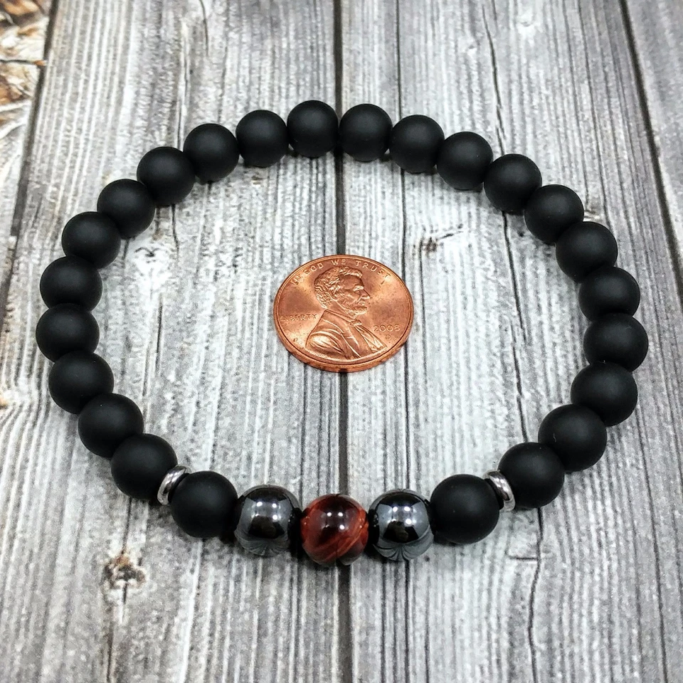 8"L STAINLESS STEEL 8mm Tigers Eye+Onyx+Hematite Gemstone Beaded Men's Bracelet - Image 3 of 4