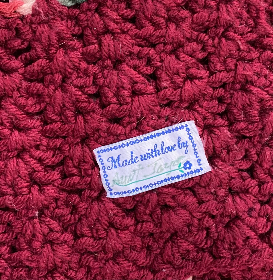 Manta afgana vintage hecha a mano crochet granate verde azulado rayas 68x50 Foto 3 de 3