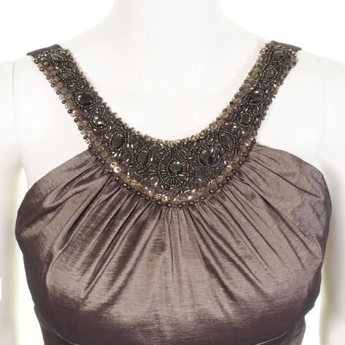 Vestido de Noche Cache Talla 2 Acanalado Cuentas Bronce Abertura Sirena - Imagen 2 de 10