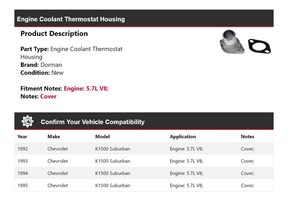 Carcasa termostato refrigerante motor Chevrolet K1500 Suburban Dorman 1992-1995 Foto 2 de 4
