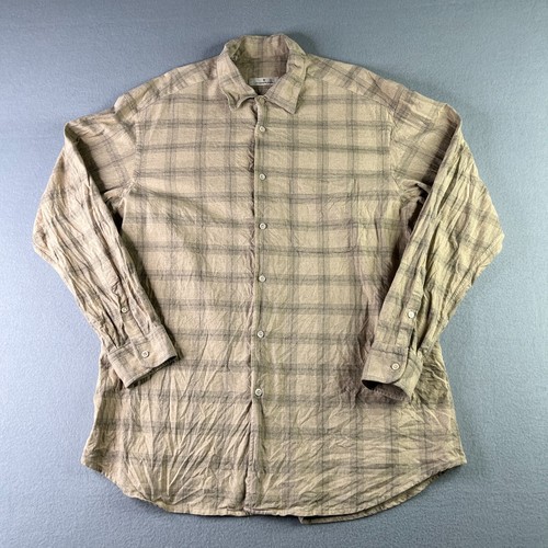 Ermenegildo Zegna Shirt 2XL Beige Plaid Button Up Long Sleeve Mens Made In Italy