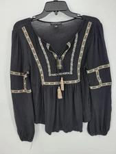 Signature Studio Top Womens Medium Black Embroidered Balloon Sleeve Boho Peasant