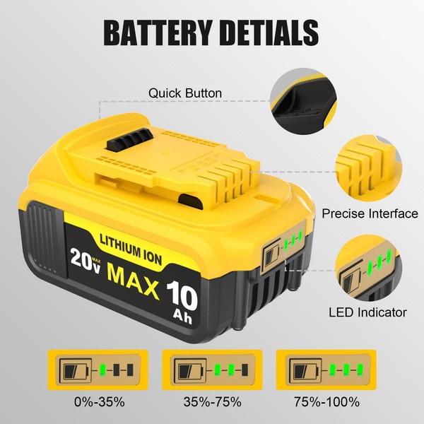 Kit de 2 baterías de 20V 10.0Ah y cargador doble para baterías De walt 20 Volt MAX 5