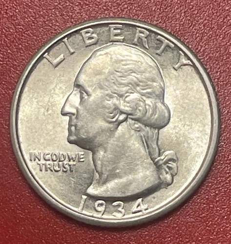 1934 P Washington Silver Quarter, About Uncirculated (AU) to Uncirculated (BU).