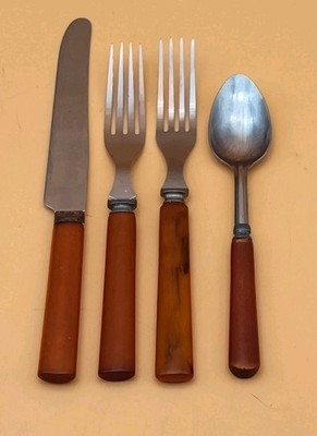 Vintage Butterscotch Brown Bakelite Goodell Stainless Steel Flatware 4 Pieces