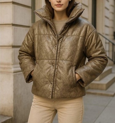 Nanushka Hide Vegan Leather Puffer Coat Brown Python Jacket Size Small