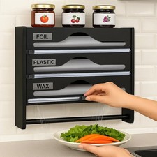 4-in-1 Cling Film Dispenser and Cutter with Kitchen Roll Holder,Bamboo Organizer