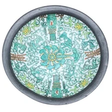 VTG Dish Chinoiserie Porcelain Floral Green Hand Painted Decor Japan Metal Base