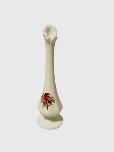 Fenton White Milk Glass Bud Vase with Red Cardinal & Pinecones ~ Vintage