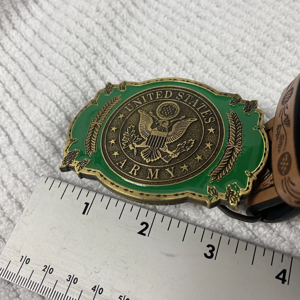 Cinturón Ejército de Estados Unidos Vintage Marrón Tooled Imitación Cuero Verde Latón Hebilla Años 90 Foto 4 de 4