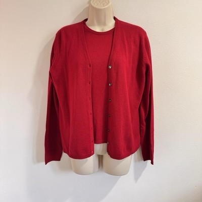 Chaus Sweater Set Cardigan Shirt M Silk Cashmere Knit Red Crewneck Button Front