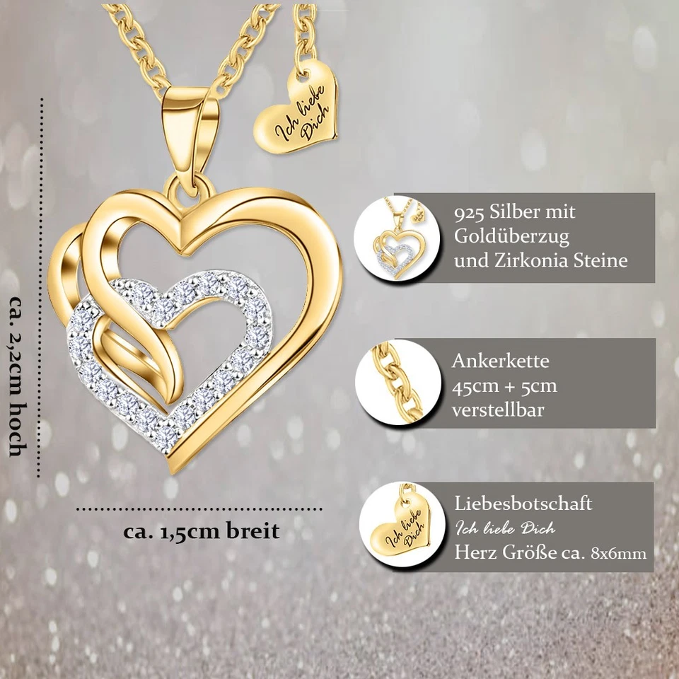 925 Silber Herzkette Gold Hals-Kette Herz Geschenk für Frauen Damen Freundin - Bild 3 von 4