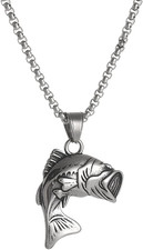 Largemouth Bass Fish Necklace, Fisherman Stainless Steel Jumping Bass Pendant